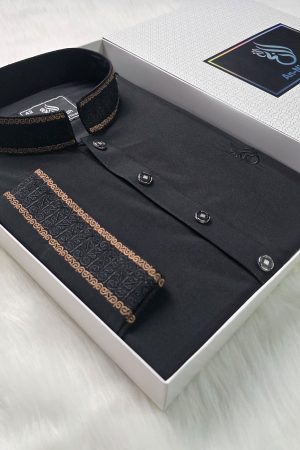 Royal Black Embroidered Men’s Panjabi – Premium Traditional Elegance