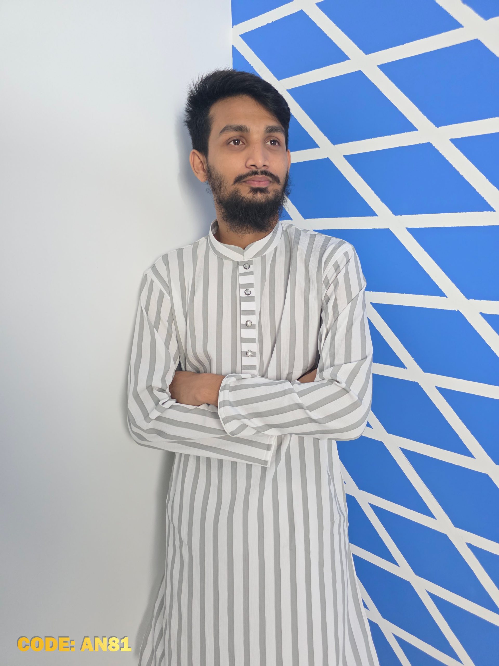 Premium Grey & White Striped Panjabi – Summer Collection - Image 2