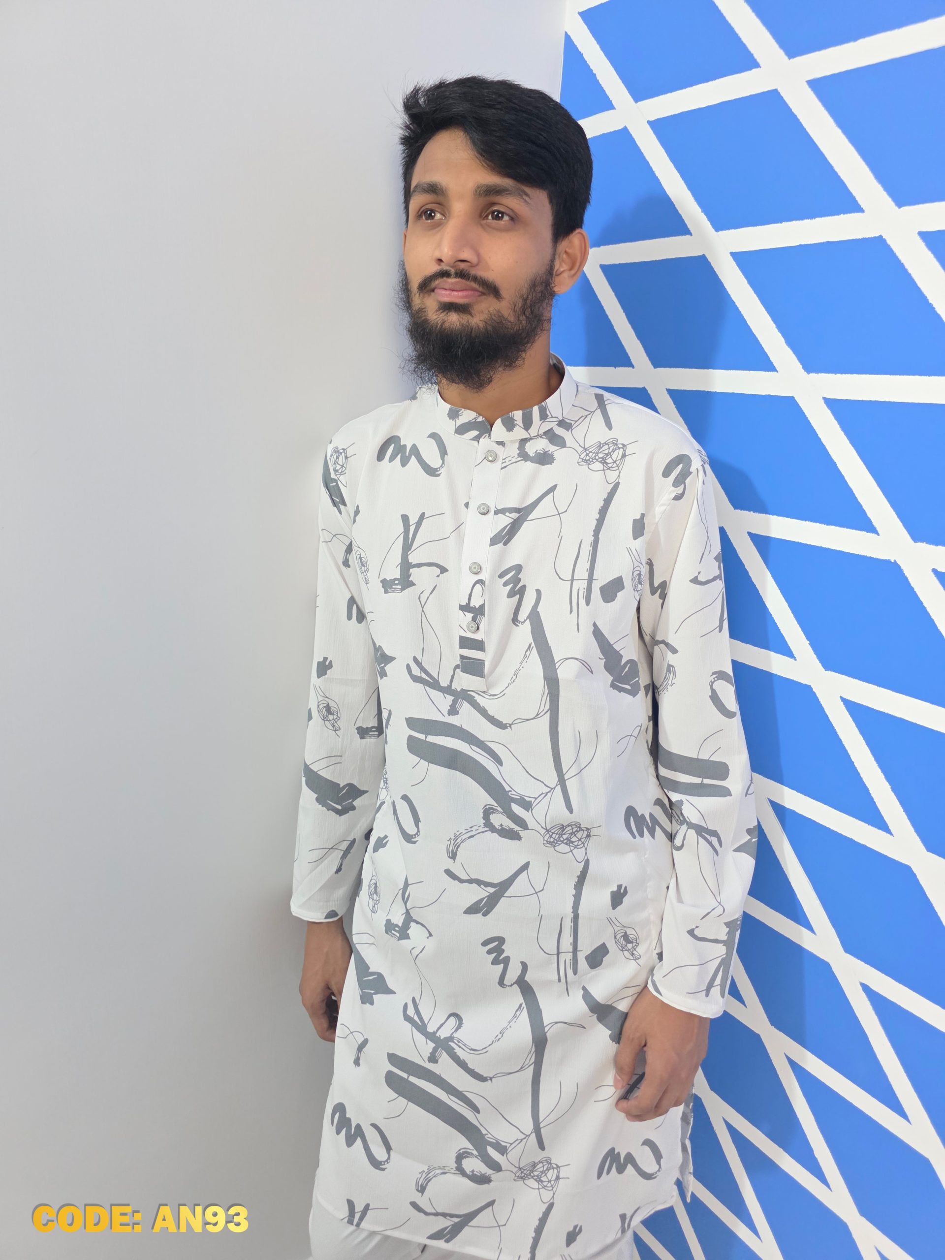 Premium Grey & White Abstract Panjabi – Summer Collection - Image 2