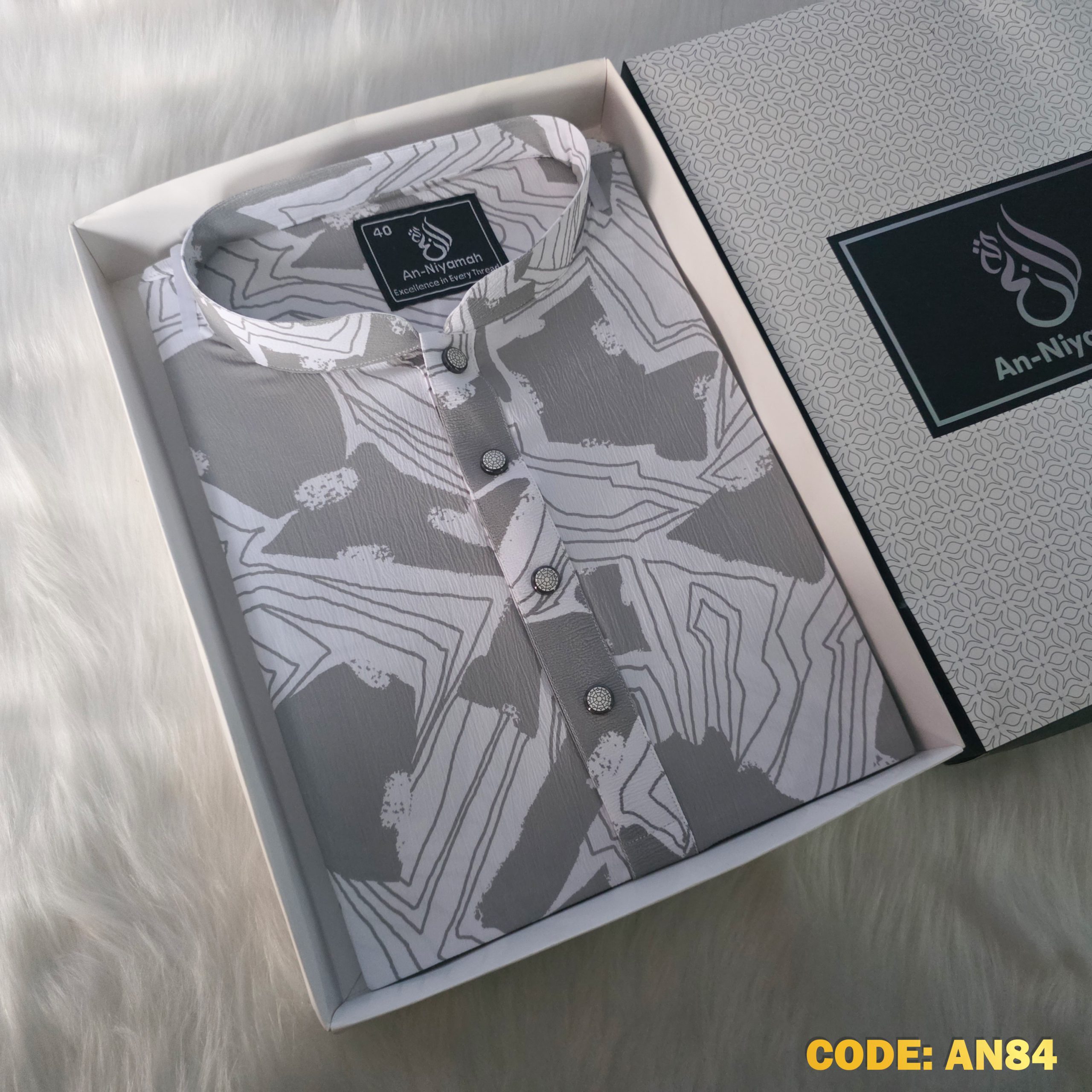 Premium Ash & White Abstract Panjabi – Summer Collection